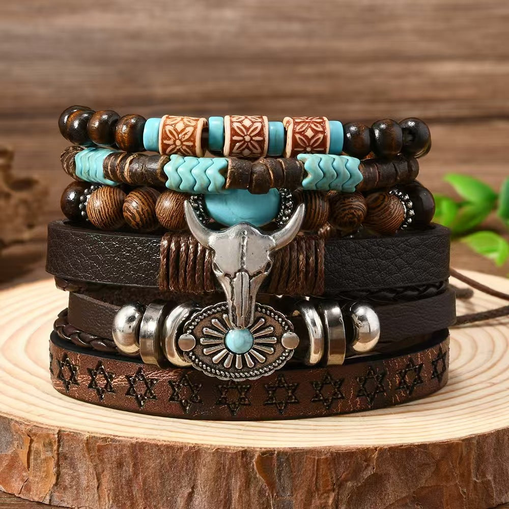 Wholesale Western Leather Cow Tau Pine Stone Chicken Wings nut Shell  6-piece Bracelet